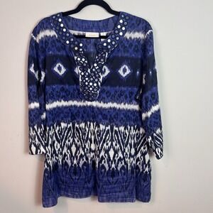 Chicos Women's Blue Ikat 100% Cotton Boho Tunic Embellished Top 3/XL Resortwear